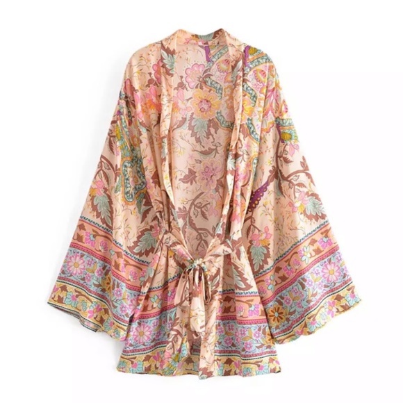 Tops - Beige Boho Multi Color Floral Peacock Short Kimono